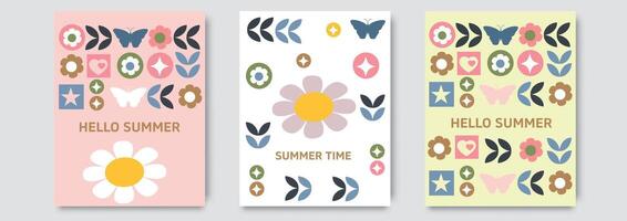 uppsättning av trendig minimal sommar posters med skön blommor och modern typografi. blommig bakgrund, omslag, försäljning baner, kort, flygblad design. mall för reklam, webb, social media vektor
