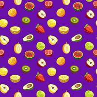 sömlös mönster med halv frukt och bär på violett vektor bakgrund.