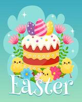 Gruß Poster zum Ostern. Ostern Hintergrund mit Urlaub Symbole. Gelb flauschige Hühner, farbig Eier, Ostern Kuchen, Frühling Blumen und Kräuter. Vektor Illustration.