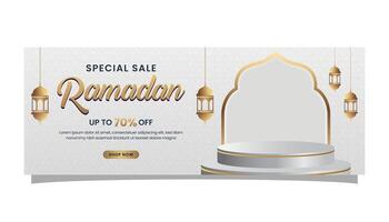 ramadan kareem försäljning baner islamic rena bakgrund med tömma Plats för Foto produkt och podium vektor