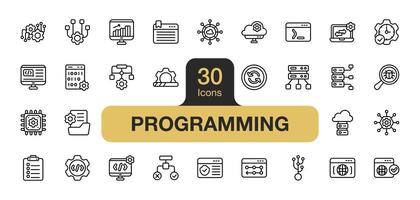 uppsättning av 30 programmering ikon element uppsättning. inkluderar algoritm, analys, koda, framsteg, skydd, moln, databas, hemsida, program, och Mer. översikt ikoner vektor samling.