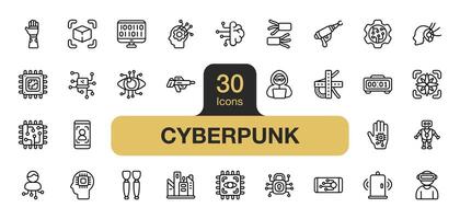 einstellen von 30 Cyberpunk Symbol Element Satz. beinhaltet Hacker, Digital, Vorhängeschloss, futuristisch, virtuell, Computer, und mehr. Gliederung Symbole Vektor Sammlung.