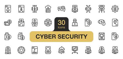 einstellen von 30 Cyber Sicherheit Symbol Element setzt. beinhaltet Sicherheit, Sicherheit, Hacker, Attacke, Kommunikation, Insekt, und mehr. Gliederung Symbole Vektor Sammlung.