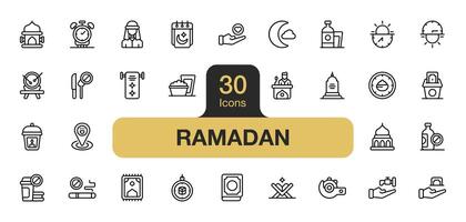 einstellen von 30 Ramadan Symbol Element setzt. beinhaltet Halbmond Mond, Wohltätigkeit, Mahlzeit, Nein Getränke, Moschee, und mehr. Gliederung Symbole Vektor Sammlung.