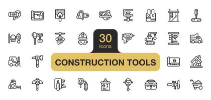 uppsättning av 30 konstruktion verktyg ikon element set. inkludera hammare, motorsåg, fräs, hjälm, klämma, plan, och Mer. översikt ikoner vektor samling.