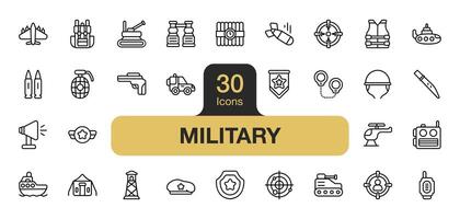uppsättning av 30 militär ikon element uppsättning. inkluderar kniv, tank, pistol, bomba, u-båt, plan, och Mer. översikt ikoner vektor samling.