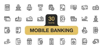 uppsättning av 30 mobil bank ikon element set. inkluderar faktura, histogram, kalender, miljö, kort betalning, kolla upp, och Mer. översikt ikoner vektor samling.