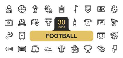 einstellen von 30 Fußball Symbol Element Satz. beinhaltet Ball, Fahrkarte, Stadion, Medaille, Fußball, Uniform, und mehr. Gliederung Symbole Vektor Sammlung.