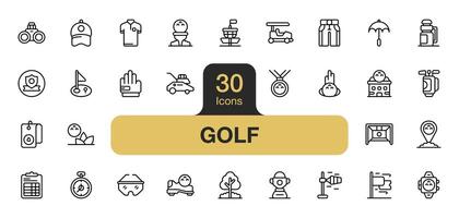 einstellen von 30 Golf Sport Symbol Element setzt. beinhaltet Punktzahl, Golf Loch, Kleidung, Trainer, Regenschirm, Medaille, Handschuh, und mehr. Gliederung Symbole Vektor Sammlung.