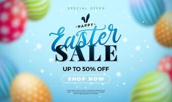 Ostern Verkauf Illustration mit verschwommen bunt gemalt Ei und und Typografie Beschriftung mit Hase Ohren auf Blau Hintergrund. Vektor Religion Urlaub Feier Banner Design Vorlage zum Coupon