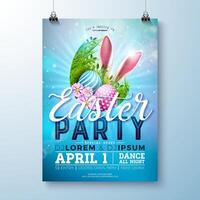 Ostern Party Flyer Illustration mit gemalt Eier, Hase Ohren und Blumen auf Natur Blau Hintergrund. Vektor Frühling religiös Urlaub Feier Poster Design Vorlage zum Banner oder Einladung.
