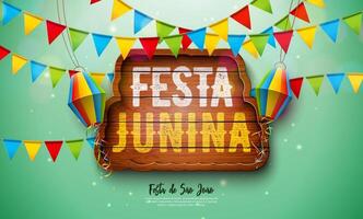 festa junina Illustration mit Party Flaggen und Papier Laterne auf Grün Hintergrund. Vektor Brasilien Juni sao Joao Festival Design mit Typografie Brief auf Jahrgang Holz Tafel zum Gruß Karte, Einladung