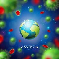 COVID-19. Coronavirus Epidemie Design mit Virus und Blut Zellen und Erde auf Blau Hintergrund. Vektor 2019-ncov Corona Virus Illustration Vorlage auf gefährlich sars Ausbruch Thema zum Werbung