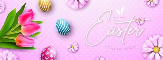 Lycklig påsk Semester design med färgrik målad ägg och vår tulpan blomma på rosa bakgrund. internationell religiös vektor firande baner illustration med typografi text för hälsning