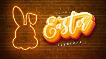 glücklich Ostern Illustration mit glühend Neon- Licht und 3d Typografie Brief auf Blau Hintergrund. Vektor Ostern Tag Urlaub Design zum Flyer, Gruß Karte, Banner, Urlaub Poster oder Party Einladung.