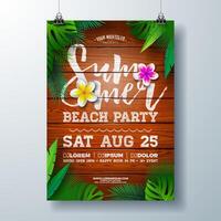 Vektor Sommer- Strand Party Flyer Design mit Blume und Palme Blätter auf Jahrgang Holz Hintergrund. Sommer- Urlaub Illustration mit Jahrgang Holz Planke, tropisch Pflanzen und wolkig Himmel zum Feier