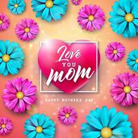 ich Liebe Sie Mama. glücklich Mutter Tag Gruß Karte Design mit Blume und Typografie Brief im Herz auf Rosa Hintergrund. Vektor Feier Illustration Vorlage zum Banner, Flyer, Broschüre, Poster.