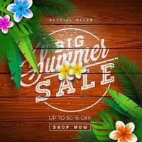 groß Sommer- Verkauf Design mit Typografie Brief und exotisch Palme Blätter auf Jahrgang Holz Hintergrund. tropisch Vektor Besondere Angebot Illustration mit Coupon, Gutschein, Banner, Flyer, Werbung Poster