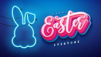 glücklich Ostern Illustration mit glühend Neon- Licht und 3d Typografie Brief auf Blau Hintergrund. Vektor Ostern Tag Urlaub Design zum Flyer, Gruß Karte, Banner, Urlaub Poster oder Party Einladung.