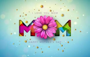 ich Liebe Sie Mama. glücklich Mutter Tag Gruß Karte Design mit Blume und Perle auf Blau Hintergrund. Vektor Feier Illustration Vorlage zum Banner, Flyer, Einladung, Broschüre, Poster.