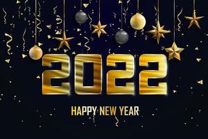 Frohes neues Jahr 2022. Weihnachten schwarzer Hintergrund mit goldenen Funkeln und Sternen verziert. Vektor-Illustration. vektor