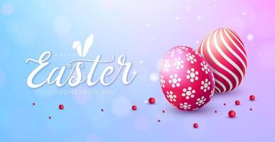 glücklich Ostern Urlaub Banner Design mit bunt Ei, Perle und Typografie Beschriftung auf Blau Hintergrund. International Christian religiös Feier Banner Design zum Gruß Karte oder Party vektor