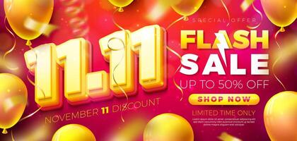 Einkaufen Tag Blitz Verkauf Design mit 3d 11.11 Nummer und Party Ballon auf rot Hintergrund. Vektor 11 November Besondere Angebot Illustration zum Coupon, Gutschein, Banner, Flyer, Werbung Poster