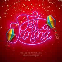 festa junina illustration med papper lykta, faller konfetti och lysande neon ljus text på röd bakgrund. vektor Brasilien juni festival design för hälsning kort, baner eller Semester affisch.
