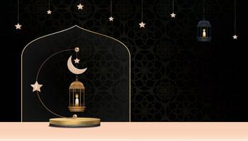 ramadan bakgrund, traditionell islamic lykta på podium med halvmåne måne stjärna hängande på svart vägg, vektor religion av muslim symboliskt, eid al fitr,ramadan kareem, eid al adha, eid mubarak