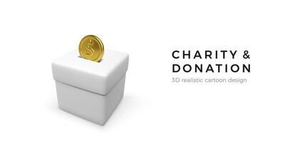 vit donation låda med guld mynt. 3d realistisk välgörenhet och donation begrepp. företag objekt för baner och affisch. vektor illustration