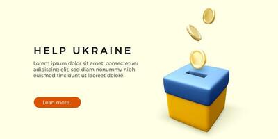 insamlingar för offer av de krig i ukraina mall eller webb baner. faller guld mynt in i donation låda Färg i nationell ukrainska flagga. vektor illustration