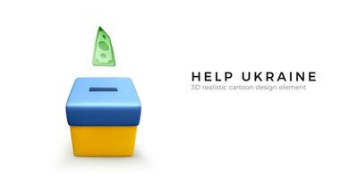 faller grön papper dollar in i donation låda Färg i nationell ukrainska flagga för webb baner. insamlingar för offer av de krig i ukraina. vektor illustration