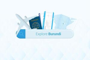 sökande biljetter till burundi eller resa destination i burundi. sökande bar med flygplan, pass, ombordstigning passera, biljetter och Karta. vektor