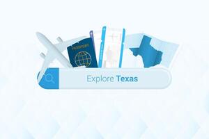 sökande biljetter till texas eller resa destination i texas. sökande bar med flygplan, pass, ombordstigning passera, biljetter och Karta. vektor