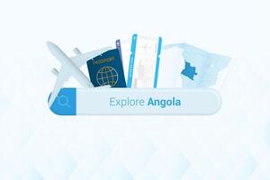 sökande biljetter till angola eller resa destination i angola. sökande bar med flygplan, pass, ombordstigning passera, biljetter och Karta. vektor