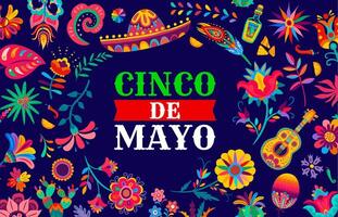 cinco de Mayo Banner, Blumen und Mexikaner Gitarre vektor