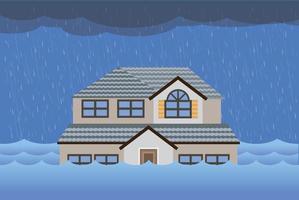 Naturkatastrophe mit Haus überschwemmen, starker Regen und Sturm, Wolken und Regen, Hochwasser in der Stadt, überflutetes Haus. vektor