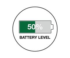 50 Prozent Batterie eben. Design Batterie Prozentsatz, Leistung von Smartphone und Handy, Mobiltelefon Geräte vektor