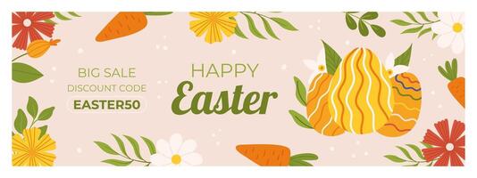 Ostern Verkauf horizontal Banner Vorlage zum Förderung. Design mit drei Orange gemalt Eier, Blumen und Blätter, Karotte vektor