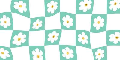 häftig vågig checkerboard mönster stor fyrkant med söt blomma i grön maska. rutnät bakgrund, psychedelic retro stil vektor