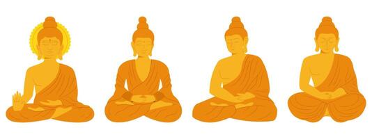 uppsättning av fyra gyllene buddha staty. Sammanträde munk skulptur samling i platt vektor stil