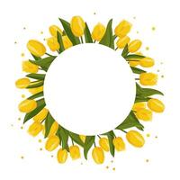 vår runda ram med gul tulpaner för ord och text. vektor bakgrund mall med blommor för design, hälsning kort, baner, styrelse, flygblad, försäljning, affisch