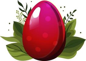 röd påsk ägg med polka prickar med grön löv och grenar på bakgrund. illustration i platt stil. vektor ClipArt för design av kort, baner, flygblad, försäljning, affisch, ikoner