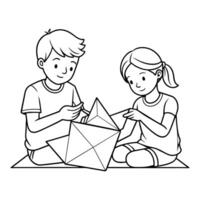 Origami Herstellung Kinder Junge und Mädchen zusammen Linie Kunst Vektor Illustration