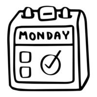 Karikatur Kalender Seite Symbol markiert Montag mit ein Häkchen, symbolisieren Aufgabe Fertigstellung oder ein wichtig Veranstaltung geplant auf Das Tag. Gliederung Vektor