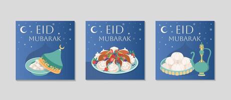 eid Mubarak Gruß Karte Satz. festlich Hintergrund mit Arabisch Süßigkeiten und Tee. traditionell Essen zum Urlaub von eid al fitr. Pfannkuchen, Türkisch Freude. Süss Gebäck mit Creme. Vektor Illustration.