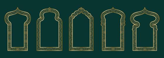 Gold Zier Bogen Rahmen gestalten islamisch Tür oder Fenster mit geometrisch girikh Muster, Silhouette Arabisch Bogen. Luxus einstellen im orientalisch Stil. Frames im Arabisch Muslim Design zum Ramadan karem. Vektor