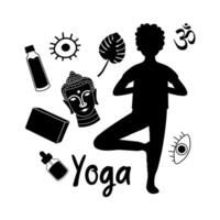 Illustration von Silhouetten von Yoga Elemente mit ein Mann vektor