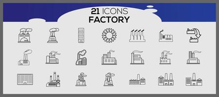 Fabrik Symbol Pack, mit Gliederung Symbol Stil. industriell Gebäude eben Symbol Satz. Pflanzen und Fabriken Aufkleber Symbol Satz. vektor