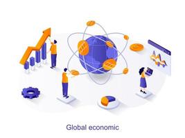 globala ekonomiska isometriska webbkoncept. människor studerar finansiell statistik, världsmarknader, dollarvalutadiagram. marknadsföring och investeringsscen. vektorillustration för webbplatsmall i 3d-design vektor